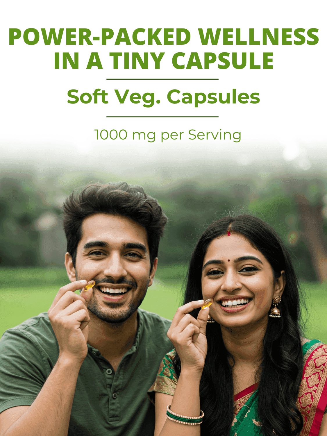 Smiling couple holding Wheat Germ Oil softgel capsules, promoting 1000 mg vegan daily wellness in compact supplement form.