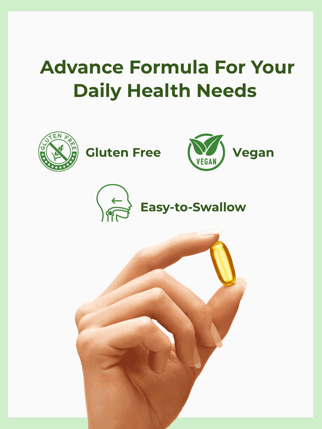 Hand holding Wheat Germ Oil softgel capsule with gluten-free, vegan, and easy-to-swallow features for plant-based daily wellness.