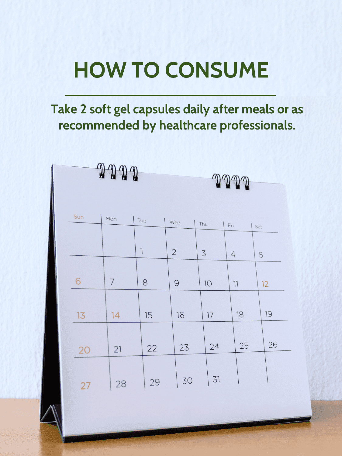 Wheat Germ Oil capsule dosage guide recommending 2 softgels daily after meals for optimal plant-based wellness support.