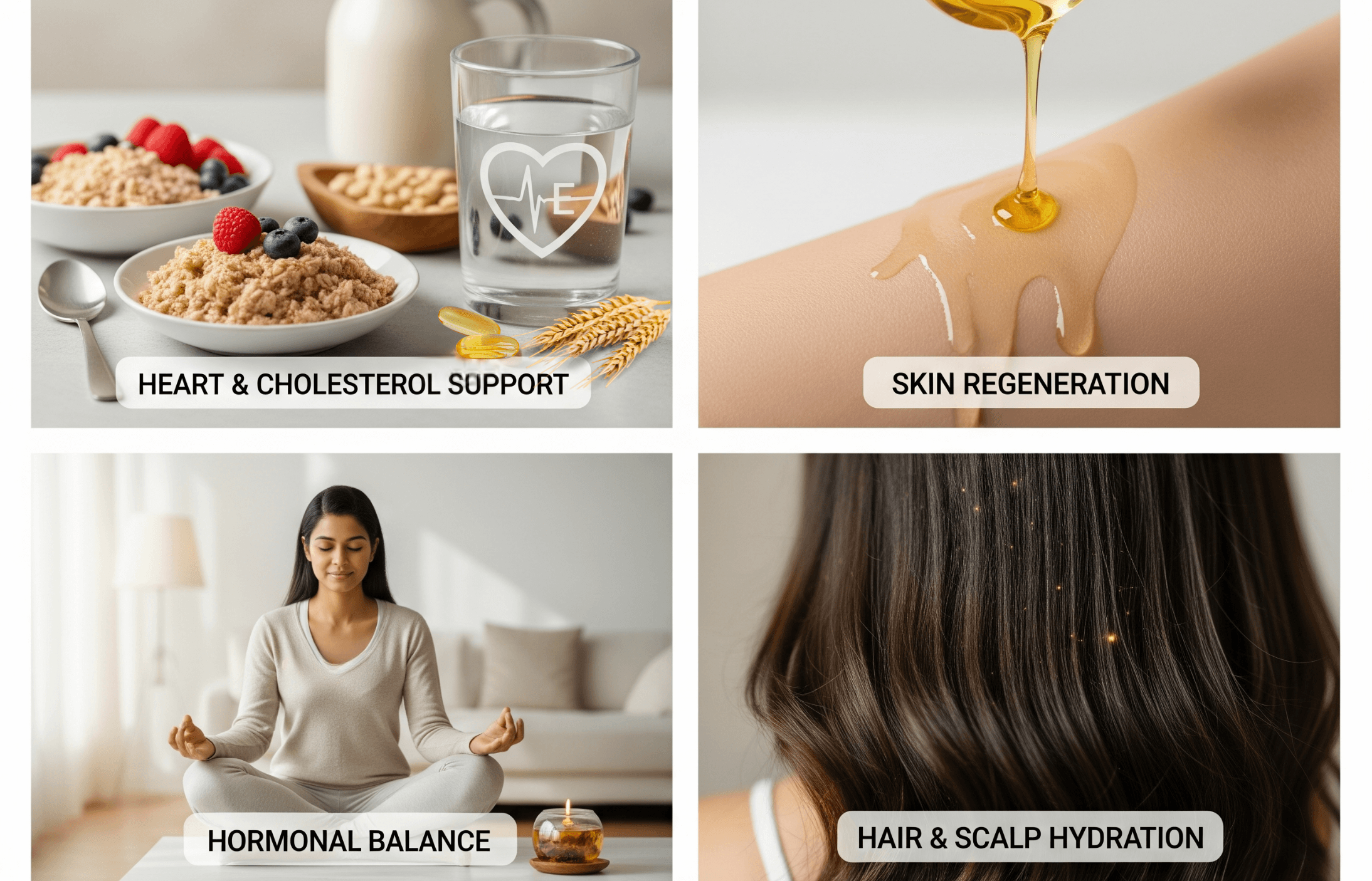 A collage of four images illustrating health and wellness topics: healthy breakfast with berries and oatmeal labeledHeart & Cholesterol Support," honey being drizzled on hair labeled "Hair & Scalp Hydration," a woman meditating labeled "Hormonal Balance," and a glass of water with a heart and heartbeat icon labeled "Heart & Cholesterol Support.