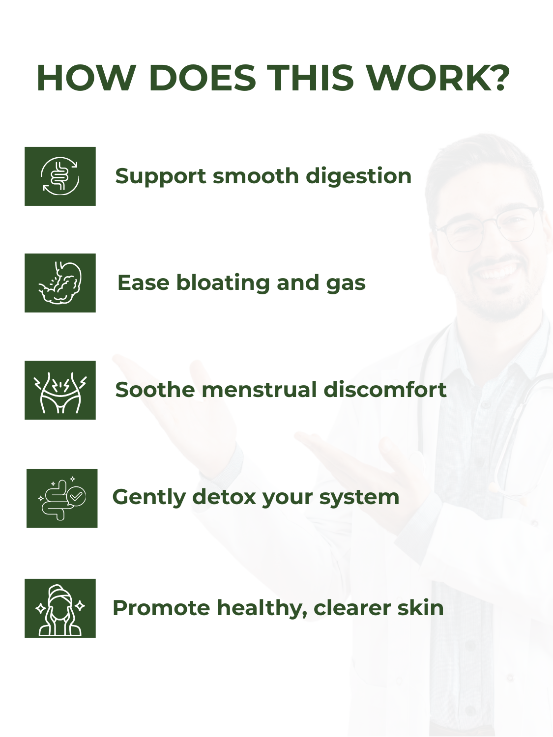 Infographic listing Castromix benefits like easing bloating, supporting digestion, detoxing, and promoting clearer skin naturally.