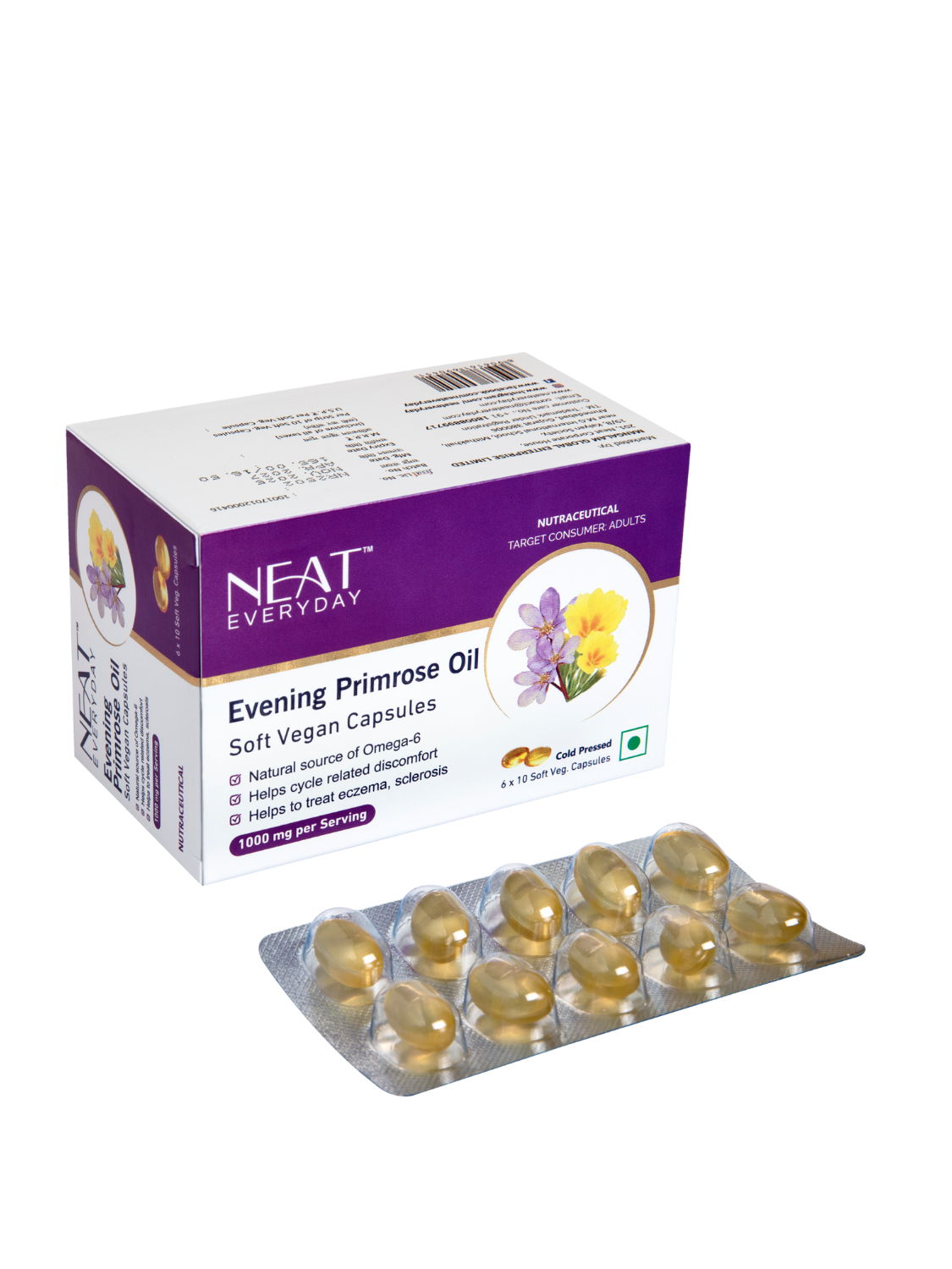 Neat Everyday Evening Primrose Oil soft vegan capsules packaging on a white background