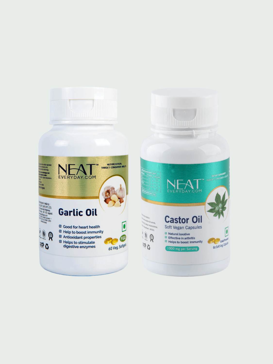 Gut Health Softgel Capsules for Digestion Support bundle with Garlic Oil and Castor Oil supplements for gut detox and digestive balance.