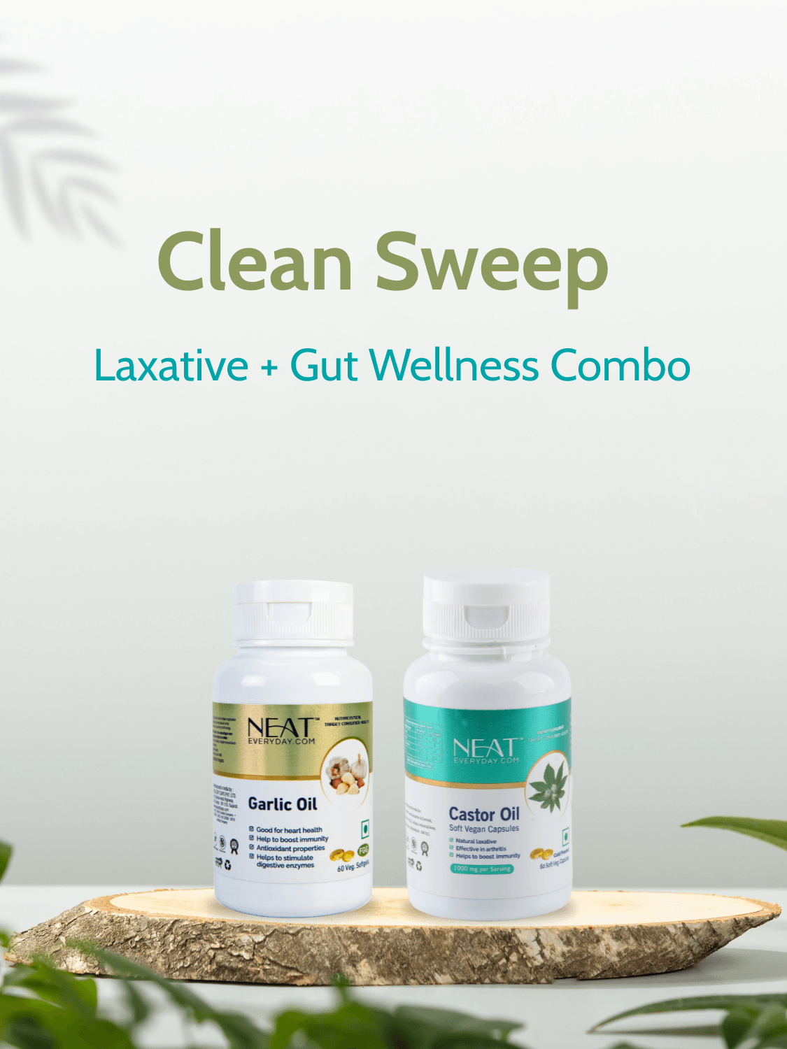 Gut Health Softgel Capsules for Digestion Support combo labeled Clean Sweep with Garlic and Castor Oil for laxative and gut wellness benefits.