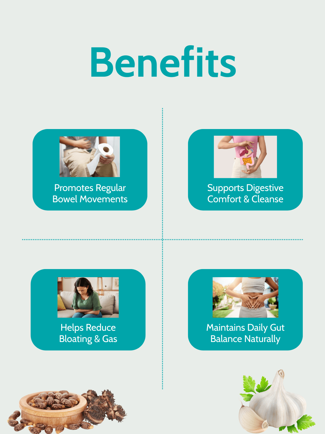 Gut Health Softgel Capsules for Digestion Support benefits include bowel movement, digestive comfort, gas relief, and gut balance.
