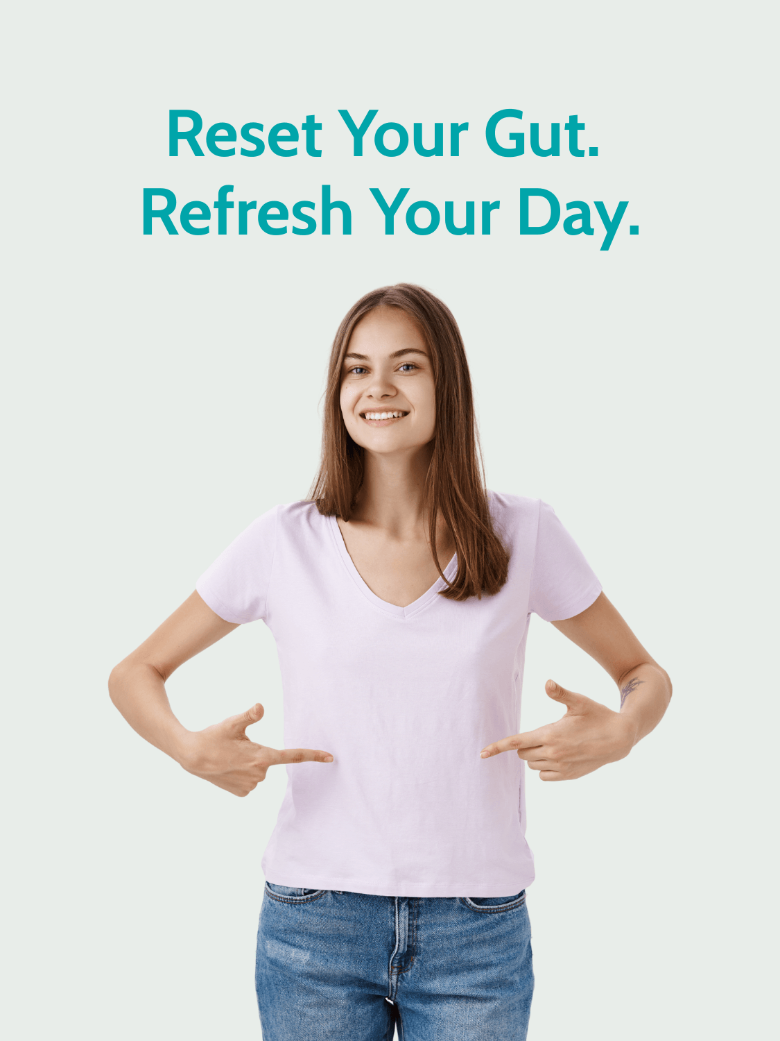 Woman pointing to stomach promoting Gut Health Softgel Capsules for Digestion Support to reset gut and refresh daily wellness.