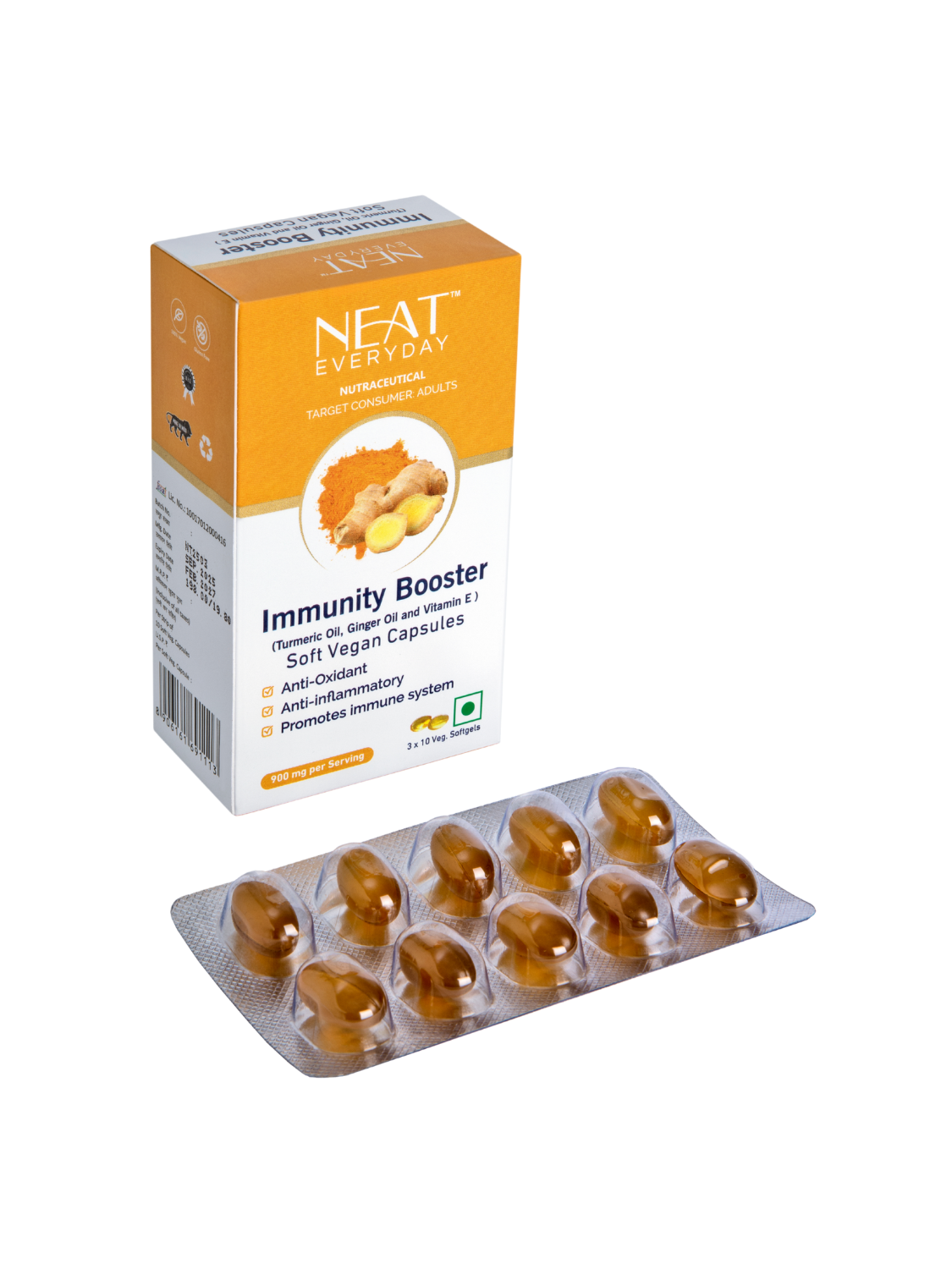 Immunity Booster (Turmeric Oil, Ginger Oil and Vitamin E) Soft Vegan Capsules-900mg Per Serving