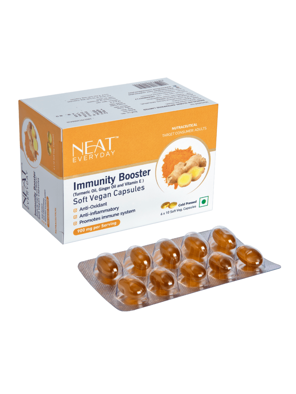 Vegan Immunity Booster with Turmeric and Ginger Oil in 4x10 softgel pack, 900mg per serving, supports circulation and reduces fatigue.
