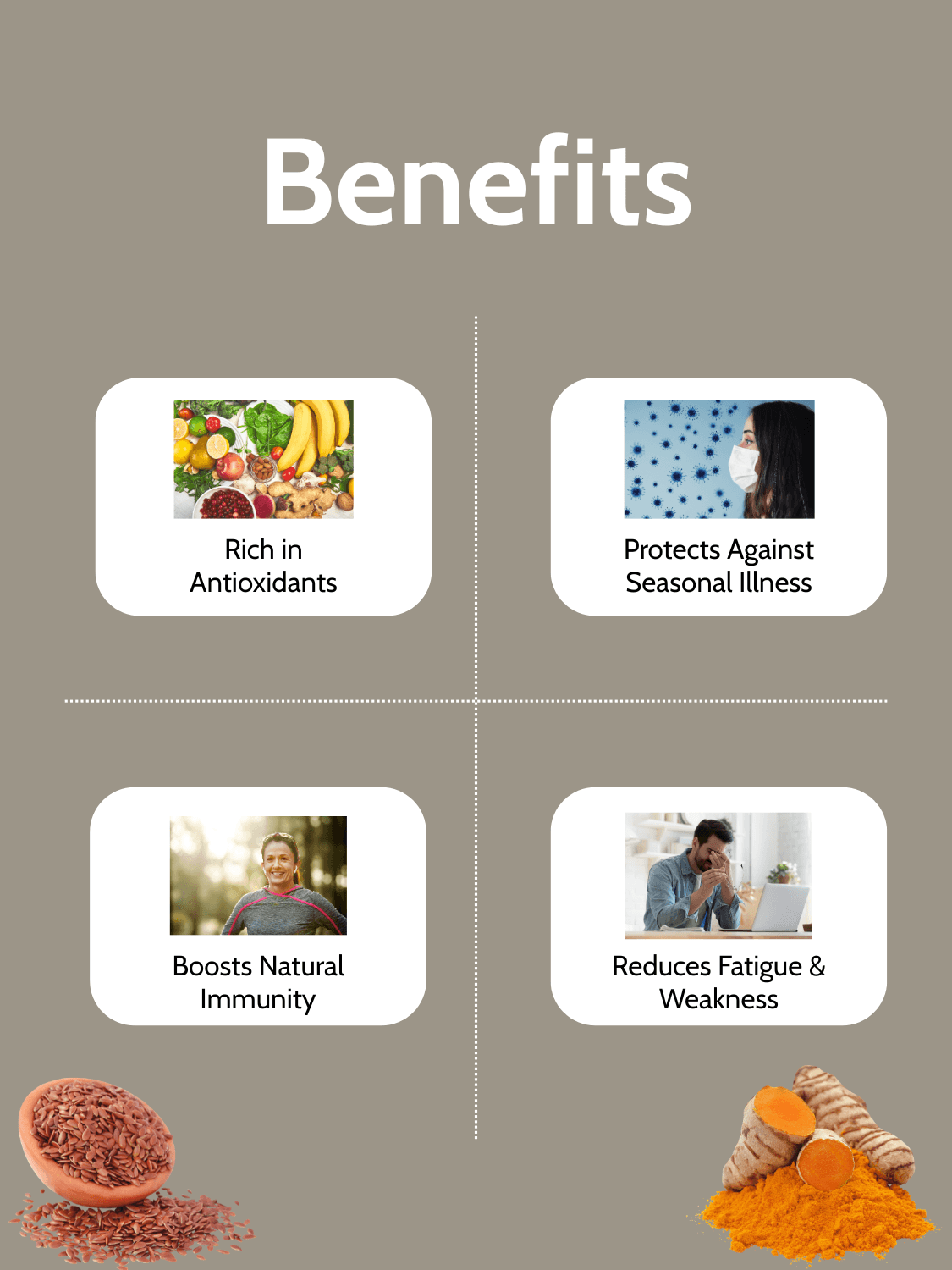Immunity Combo Softgel Capsules benefits chart highlighting antioxidant richness, seasonal illness protection, and energy boost.