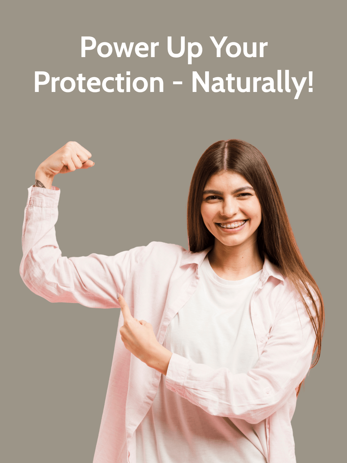 Woman flexing arm with text promoting Immunity Combo Softgel Capsules for natural protection and daily immune support.