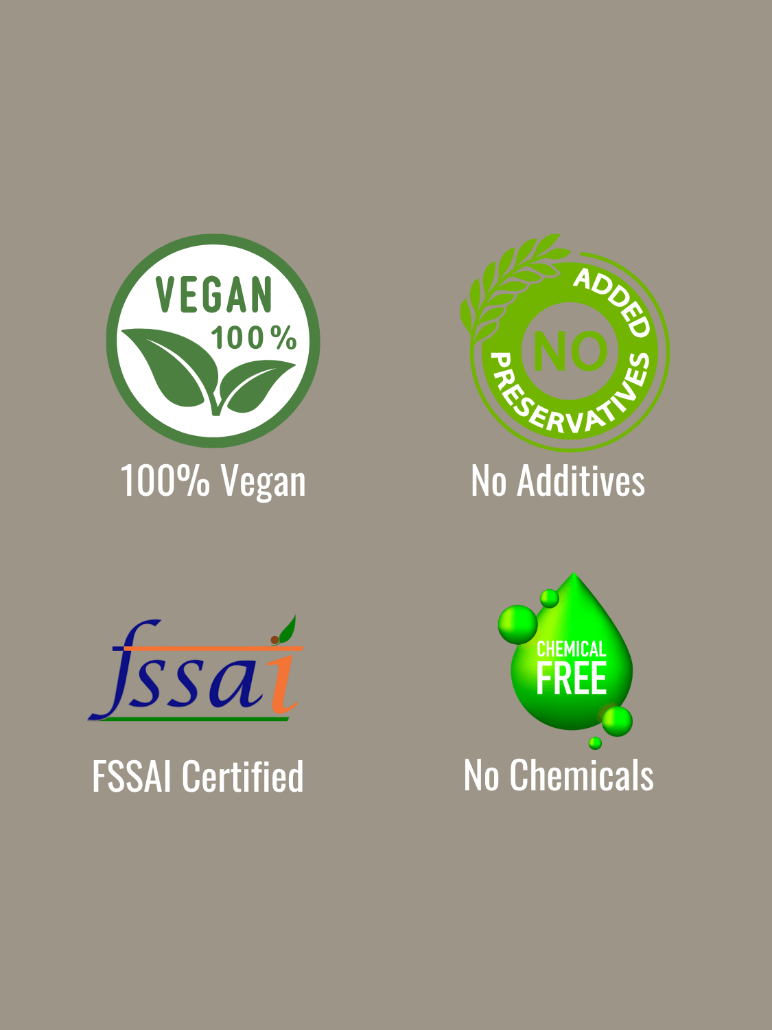 Certifications for Immunity Combo Softgel Capsules including 100% vegan, no additives, FSSAI certified, and chemical-free assurance.