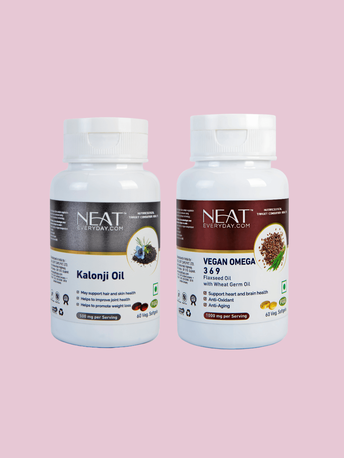 Kalonji Oil and Vegan Omega 3-6-9 Soft Vegan Capsules for Hair in white bottles, part of Hair & Scalp Combo bundle for hair and scalp health.