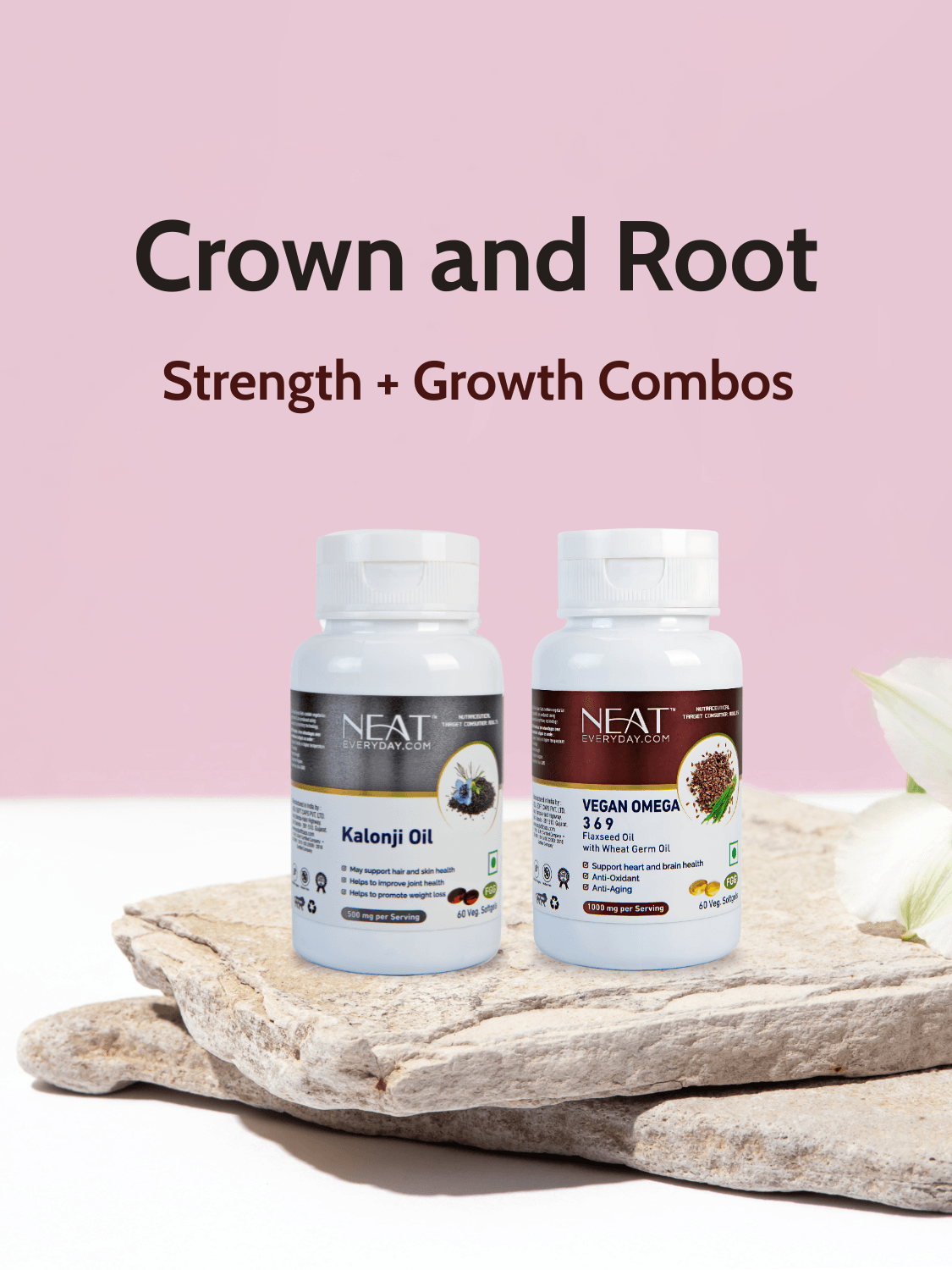 Hair & Scalp Combo featuring Kalonji Oil and Vegan Omega 3-6-9 Capsules displayed on stone slab, promoting strength and growth for hair care.