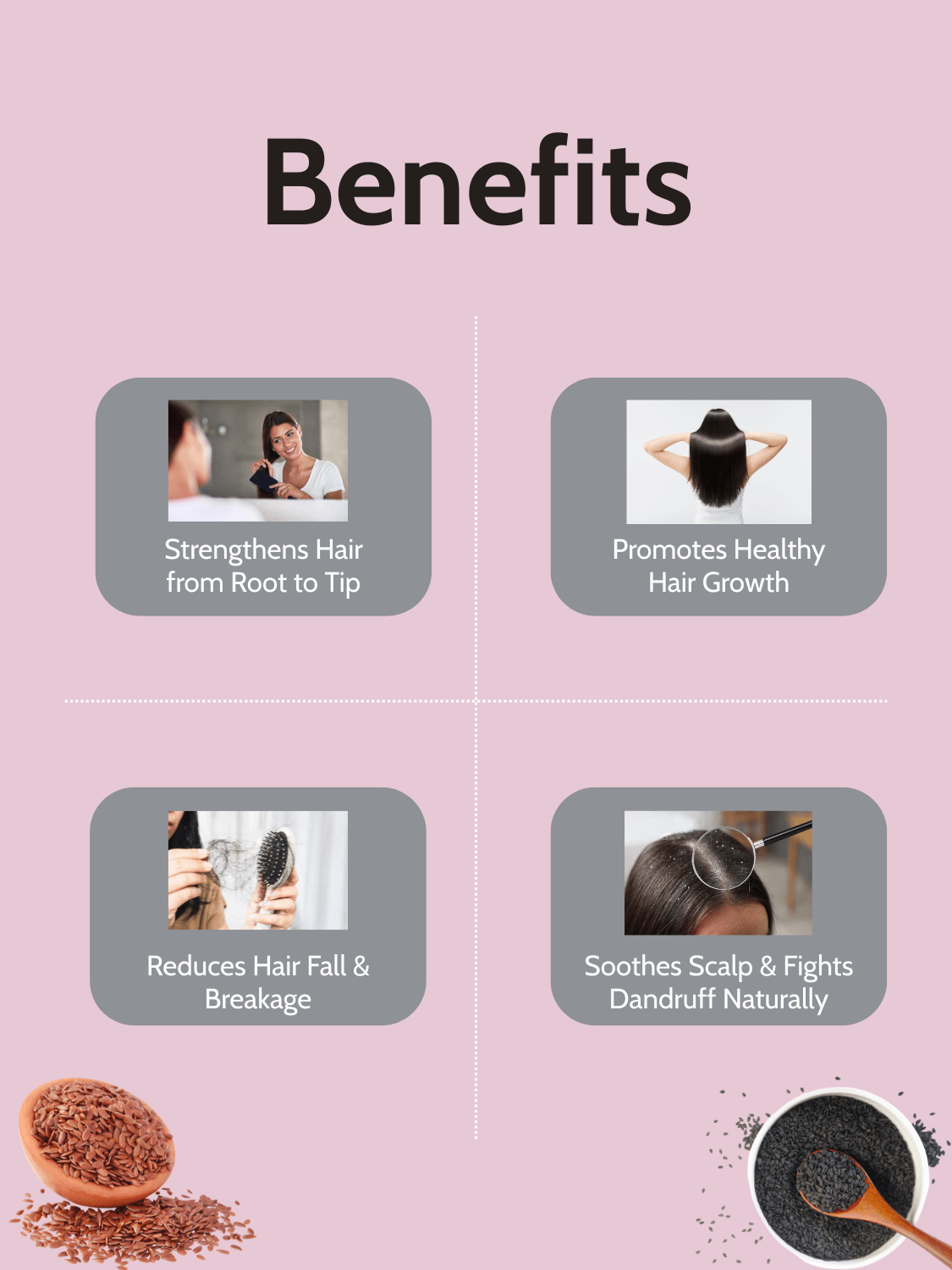 Hair & Scalp Combo benefits chart showing hair strengthening, growth, reduced breakage, and dandruff relief with Kalonji Oil and Vegan Omega 3-6-9.