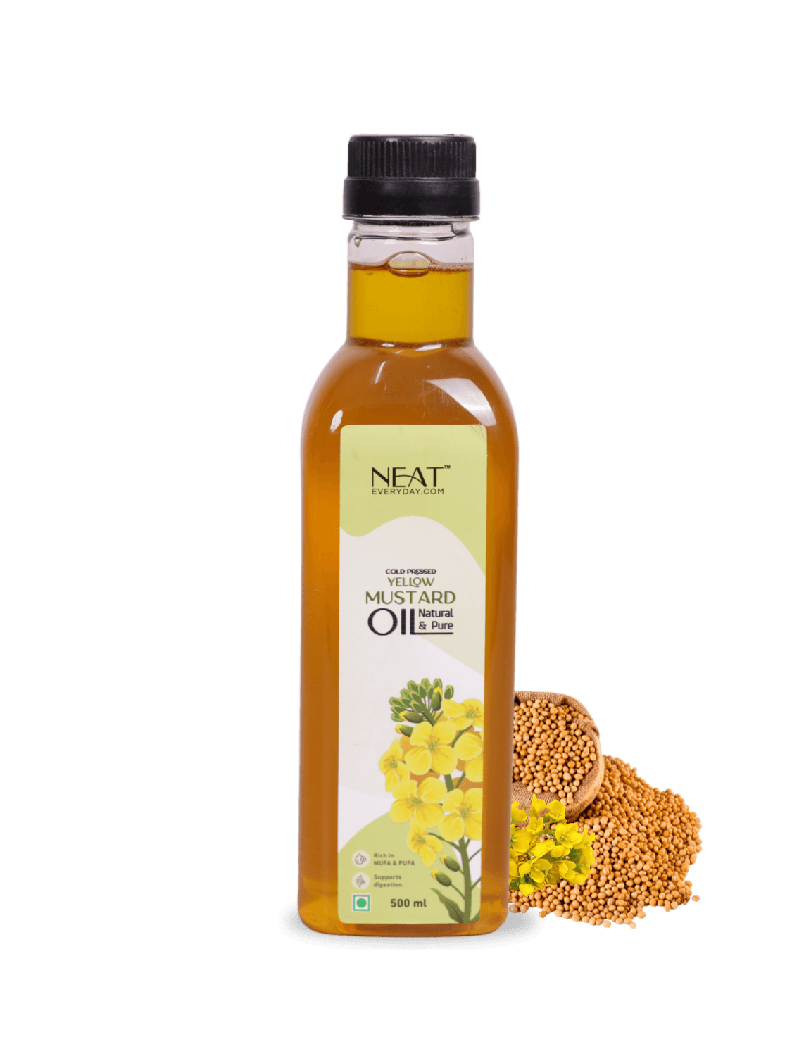 Cold Pressed Yellow Mustard Oil for Hair Growth & Scalp Care – 500 ml bottle with mustard seeds and flowers, ideal for cooking and wellness use.