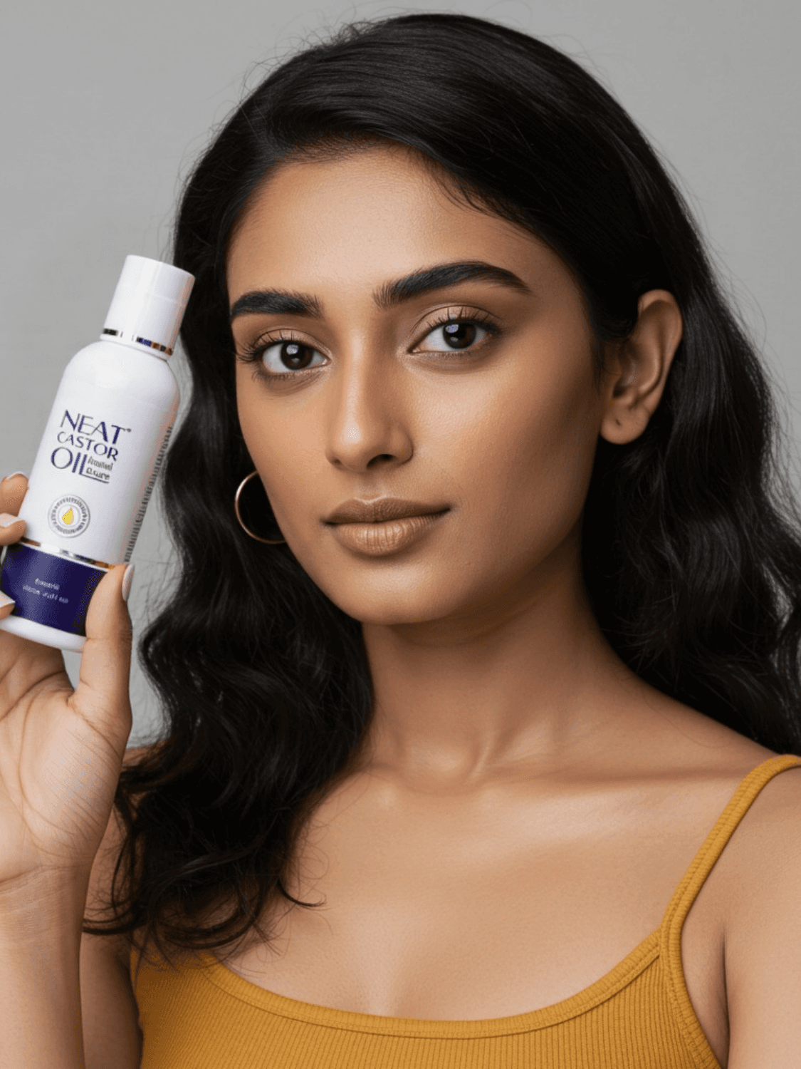 Woman holding Neat Castor Oil bottle, showcasing 100% pure cold-pressed castor oil for hair, skin, and nail care. Ideal for natural beauty routines.