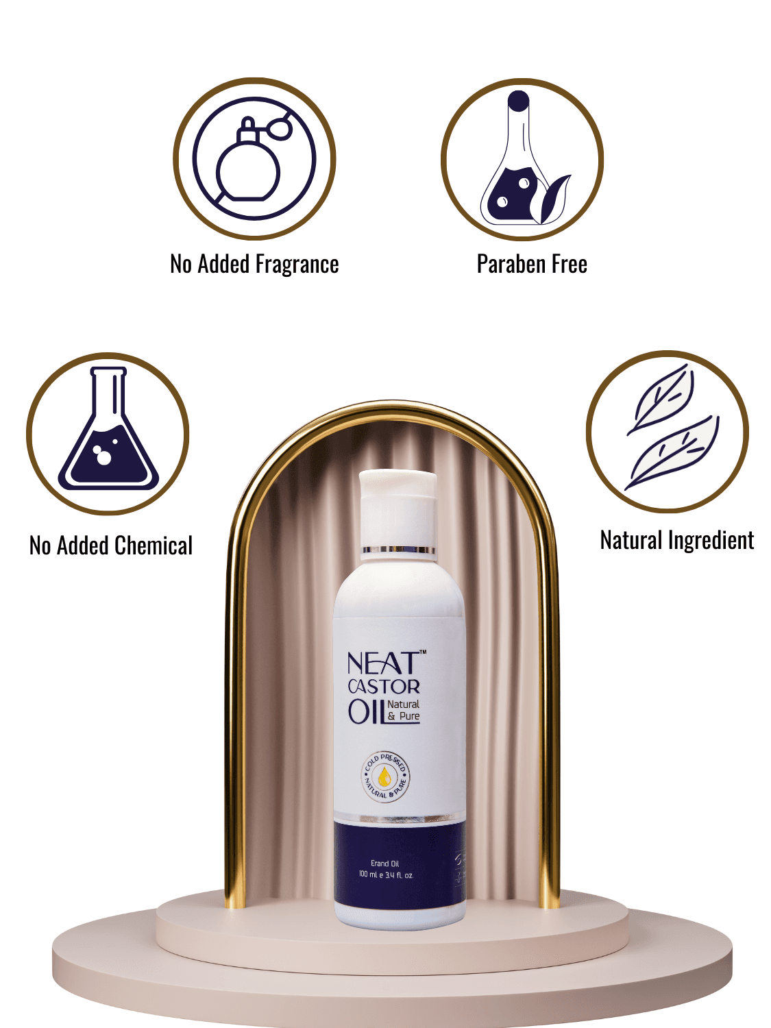 100% Pure Cold Pressed Castor Oil – 100 ml bottle displayed with icons showing no added fragrance, paraben-free, and natural ingredients.