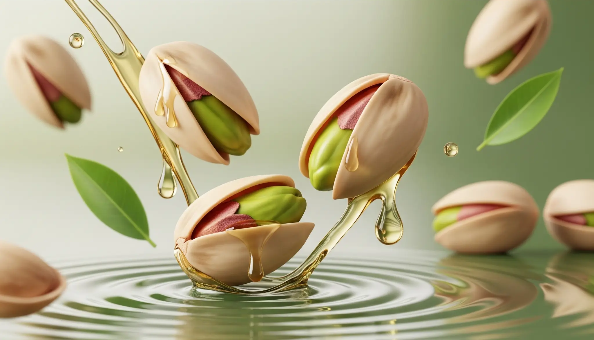 Pistachios with leaves and oil droplets