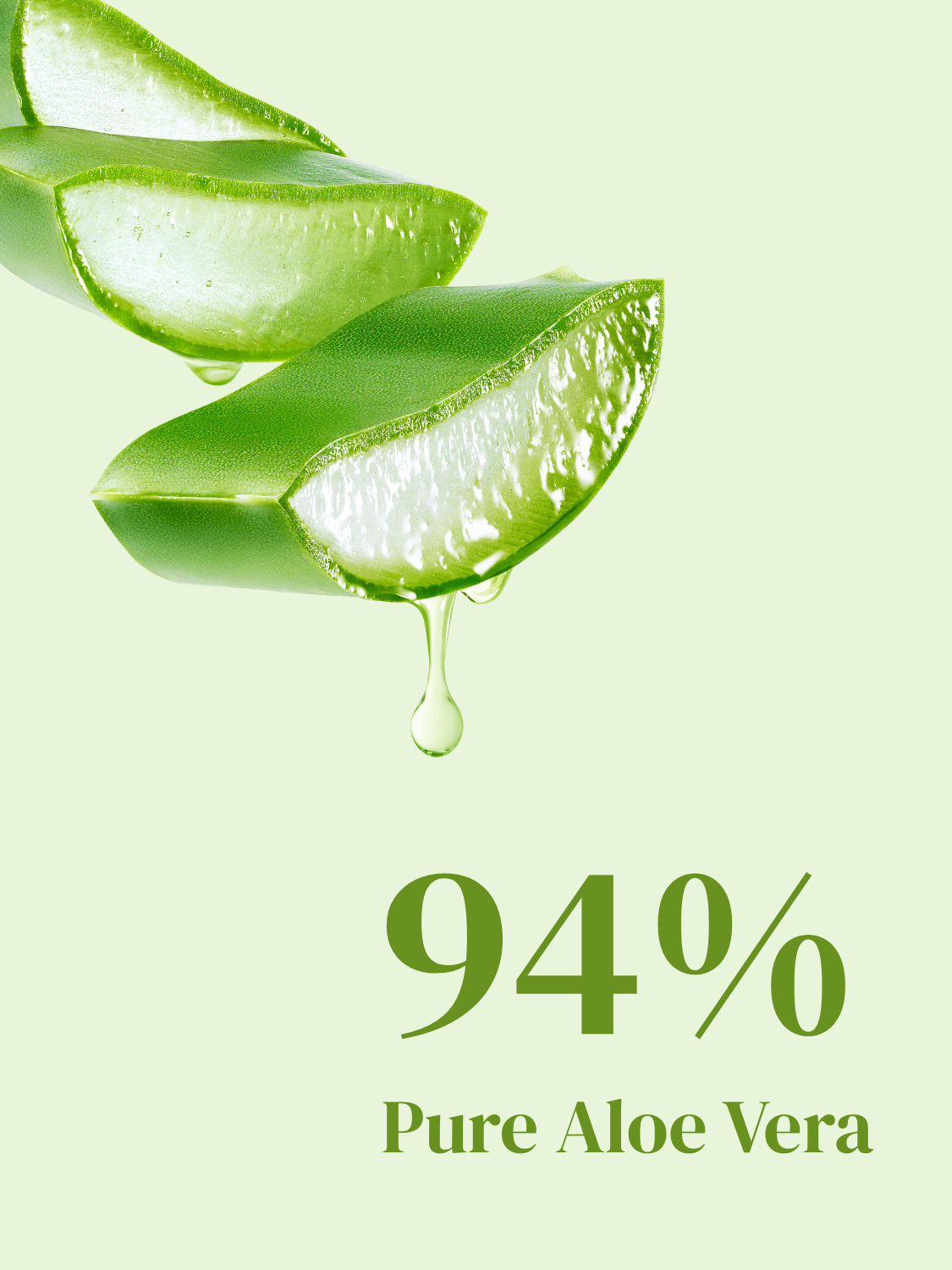 Close-up of aloe vera slices dripping gel with text &