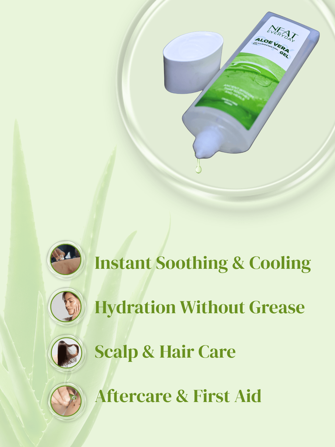Benefits of Neat Everyday Aloe Vera Gel 50gm shown with icons, including soothing, hydration, scalp care, and first aid for daily skin needs.
