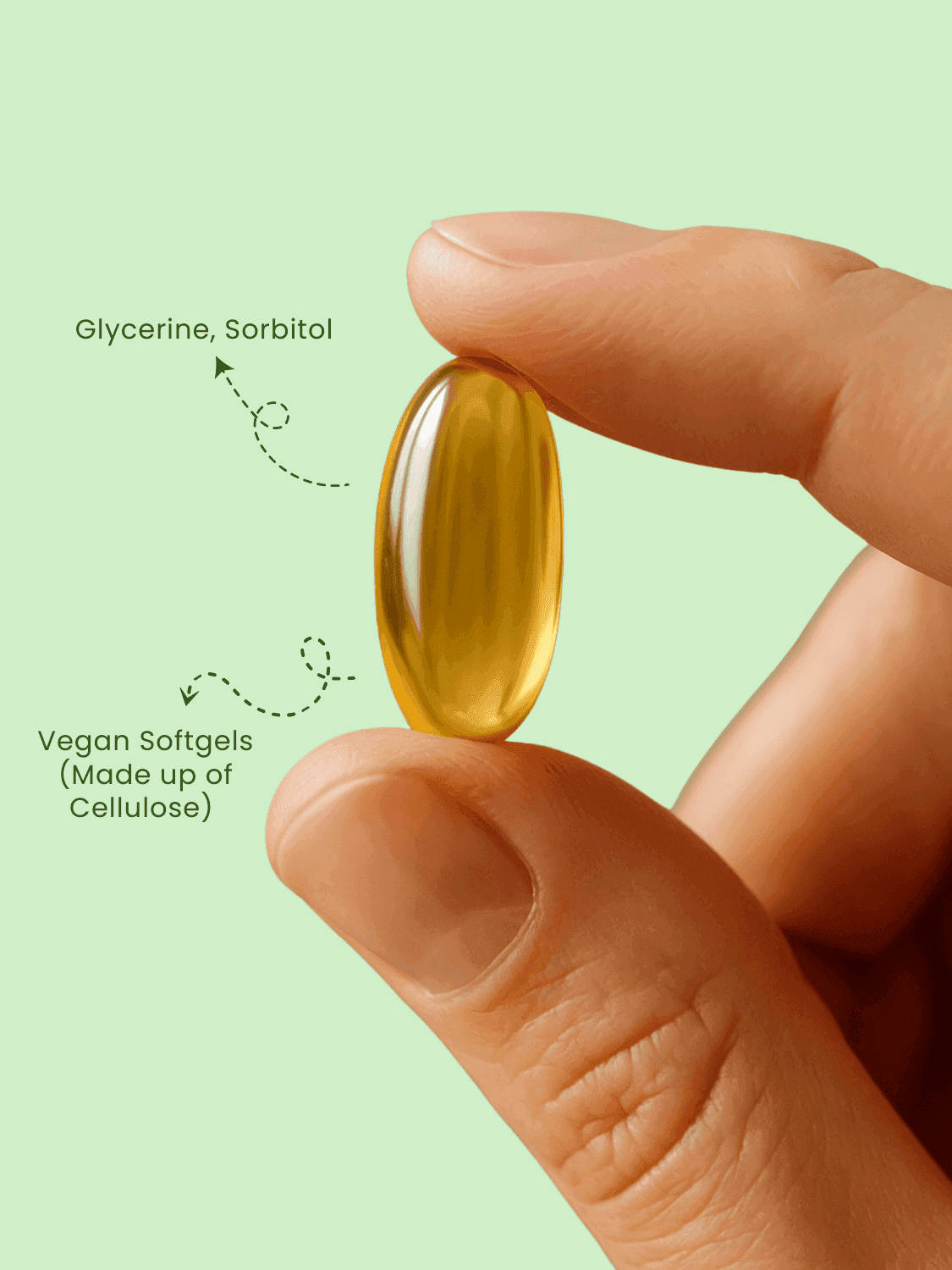 Close-up of vegan Wheat Germ Oil softgel capsule made with glycerine and sorbitol, ideal for health-conscious lifestyles.