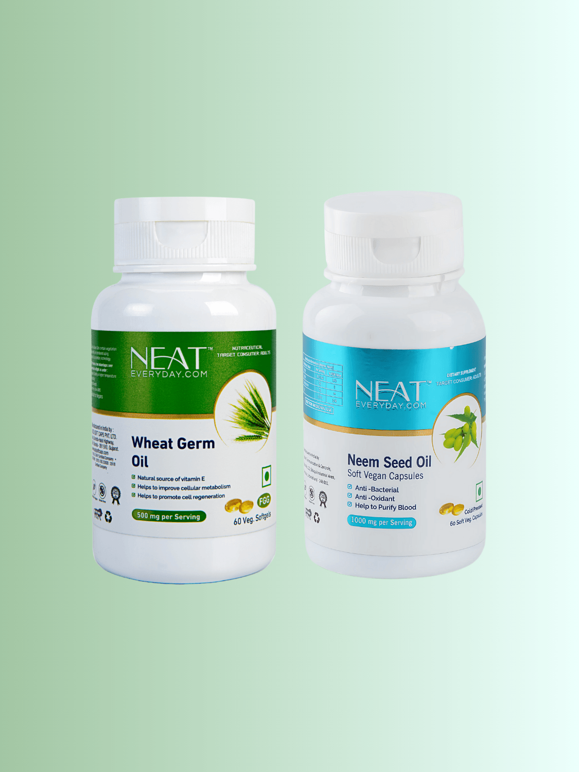 Skin Detox Softgel Capsules for Clear Healthy Skin bundle with Wheat Germ Oil and Neem Seed Oil for acne control and natural glow support.