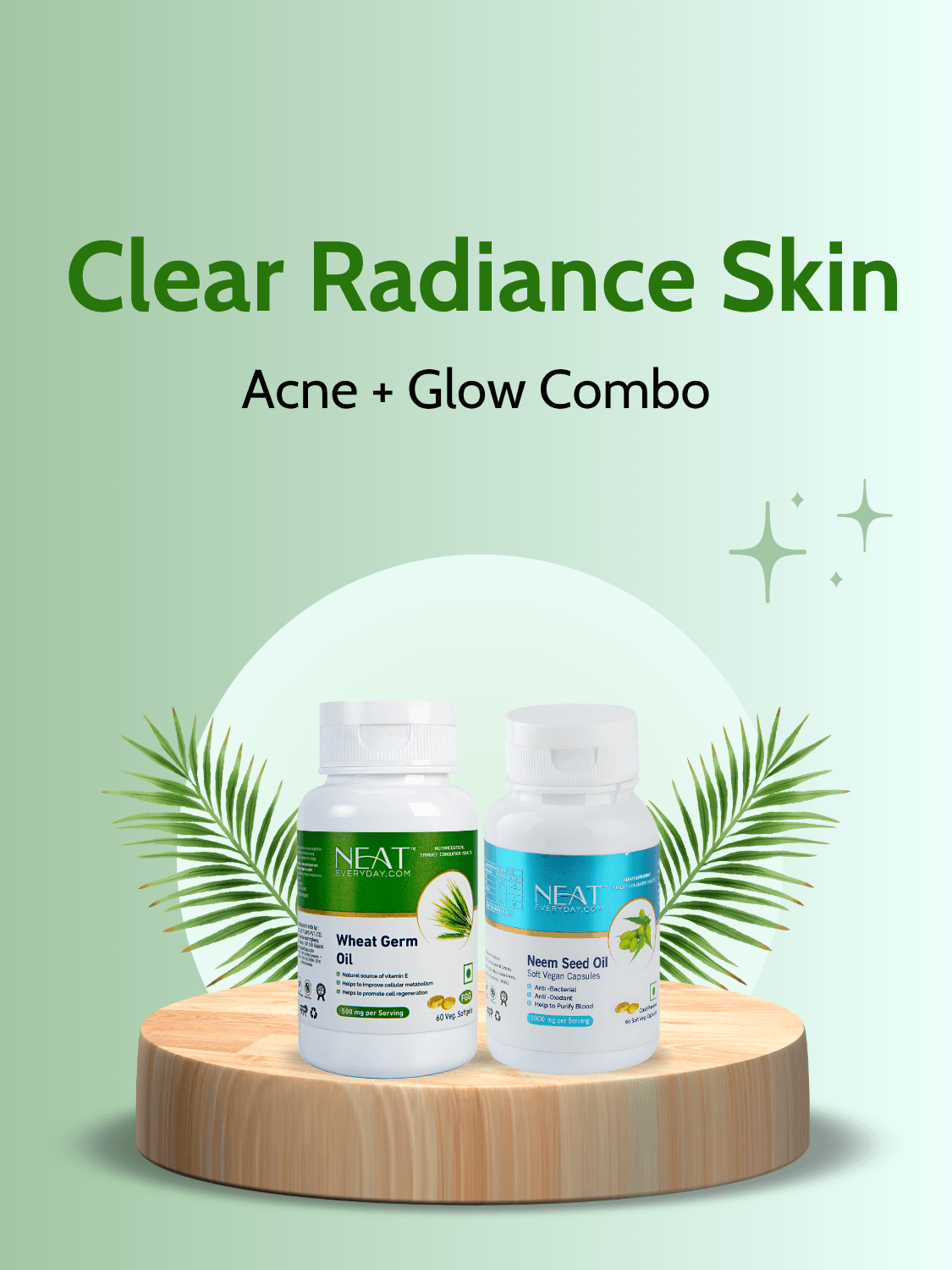Clear Radiance Skin Acne + Glow Combo featuring Skin Detox Softgel Capsules with Neem and Wheat Germ Oil for healthy, glowing skin.