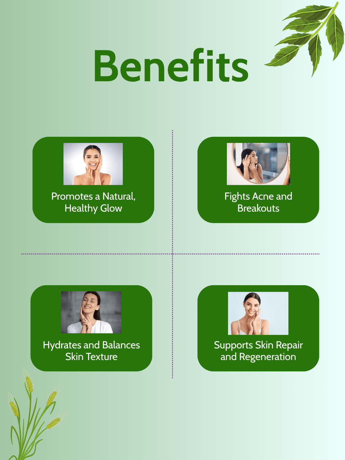 Skin Detox Softgel Capsules benefits chart showing acne reduction, skin hydration, glow enhancement, and skin repair support.