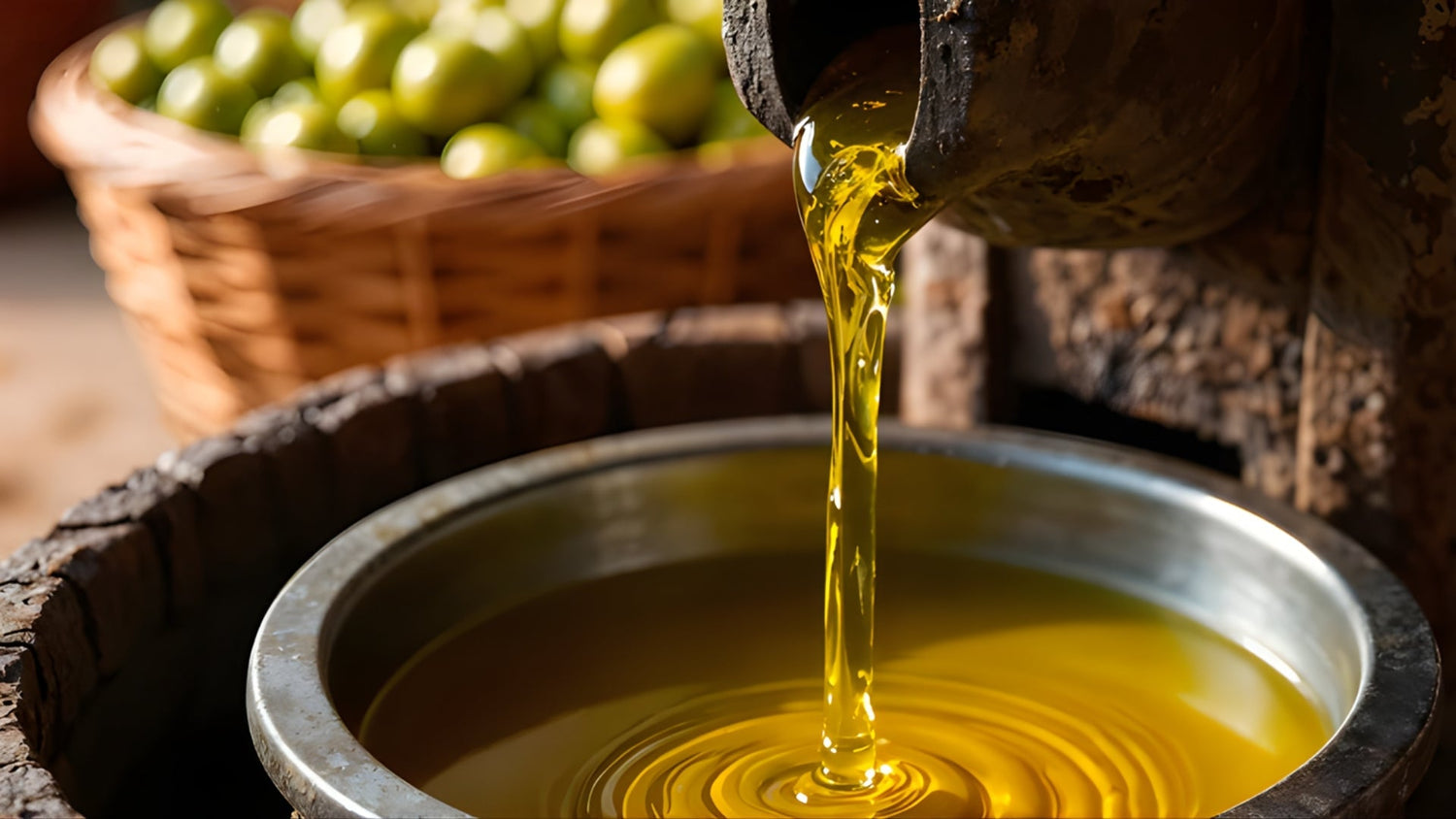 Cold-pressed oil being poured into a container with a basket of green olives in the background.