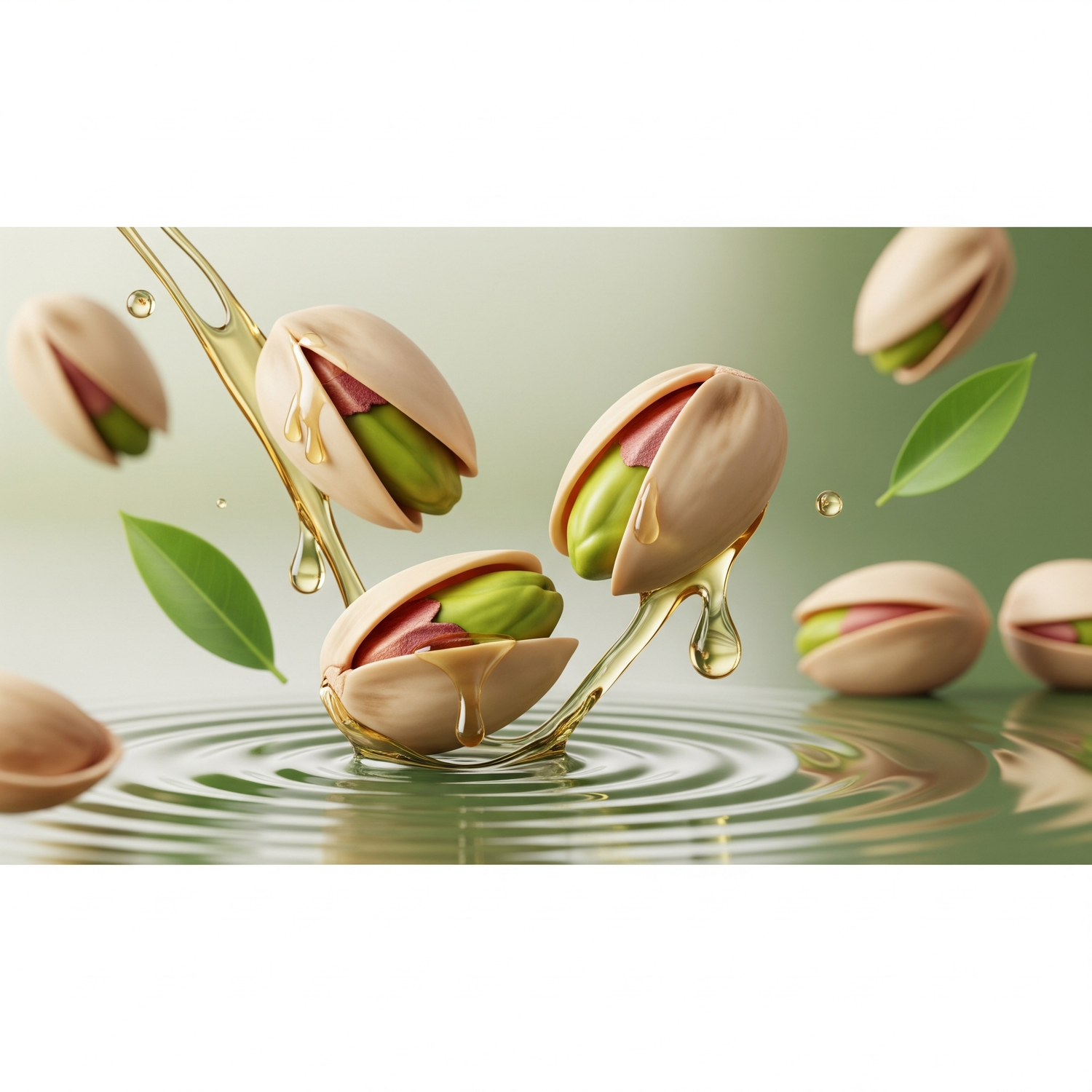 Pistachios with golden oil drops and green leaves splashing in water.