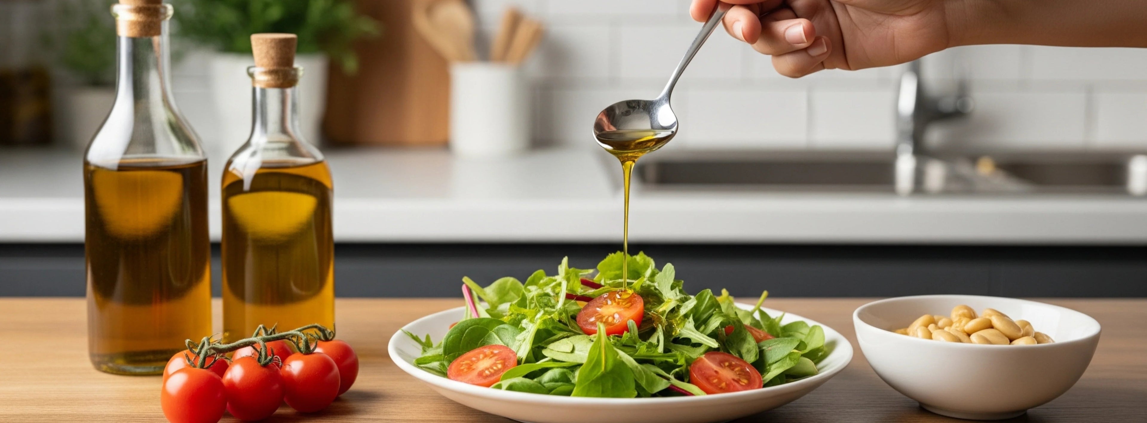 Pouring olive oil on fresh vegetable salad for healthy nutrition
