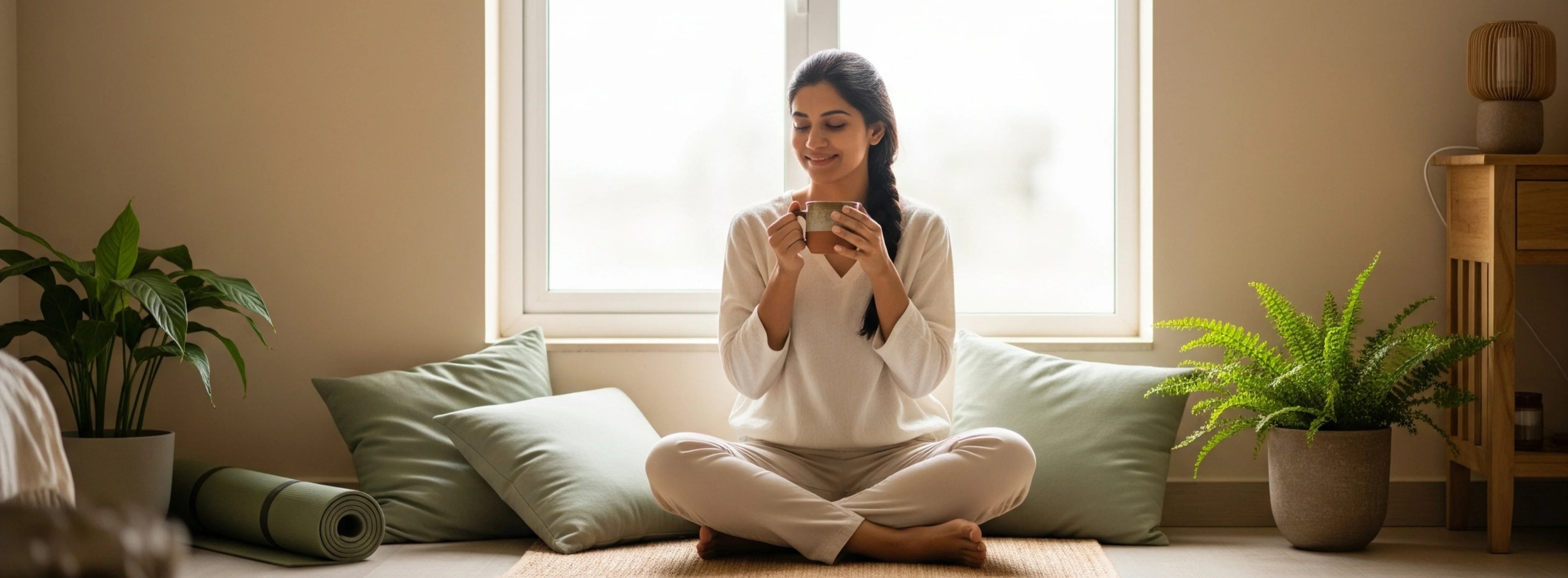 Woman enjoying tea in serene wellness space with yoga mat and plants.
