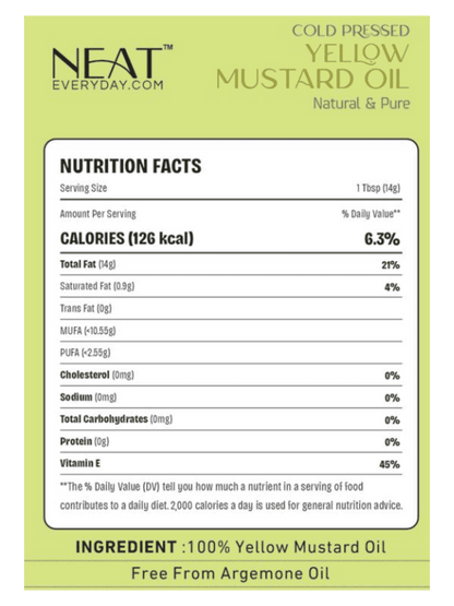 Cold Pressed Yellow Mustard Oil 1L by Neat Everyday, natural &amp; pure cooking oil with mustard seeds and flowers, ideal for health &amp; beauty use.