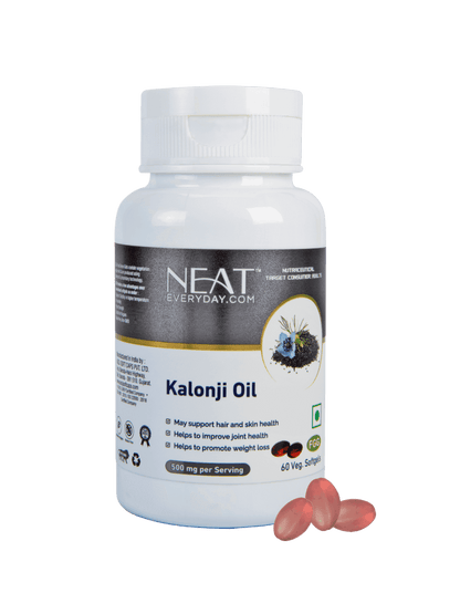 Buy Neat Kalonji Oil Soft Gel – Boost Memory, Weight Loss, and Promote Healthy Skin &amp; Hair; 500mg herbal supplement in jar pack for joint, skin, and hair health.