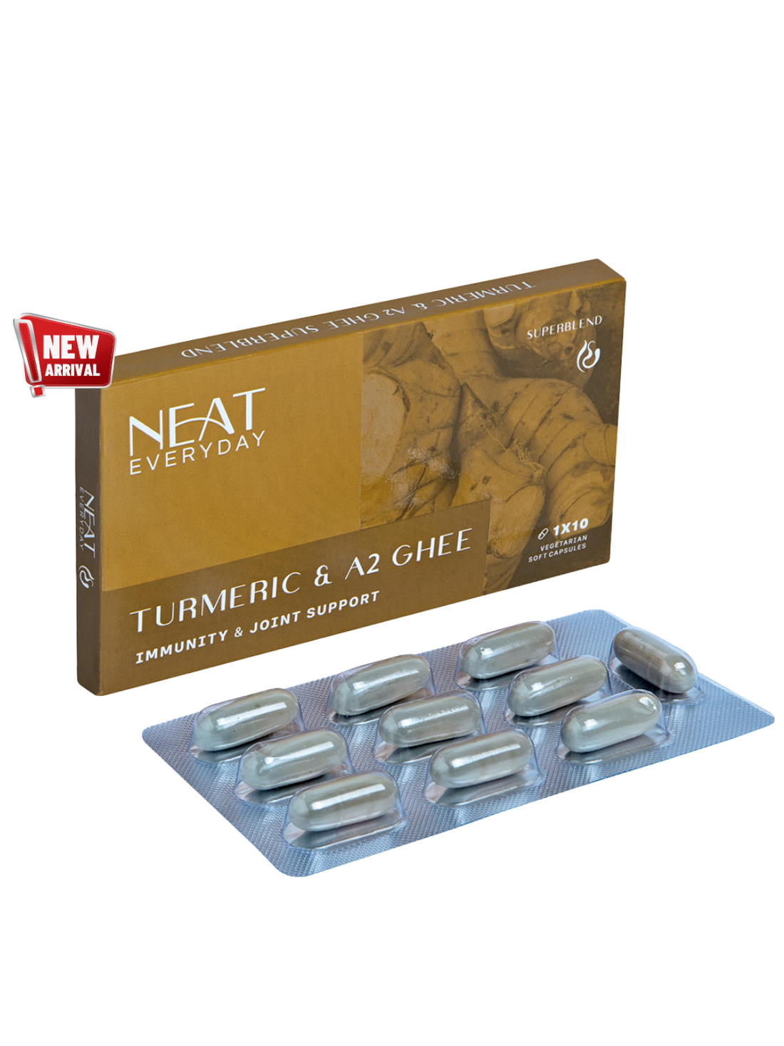 Neat Everyday Turmeric &amp; A2 Ghee supplement packaging with capsules on a white background