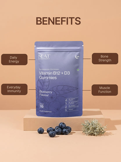 Vitamin B12 + D3 gummies packaging with blueberries on a beige background