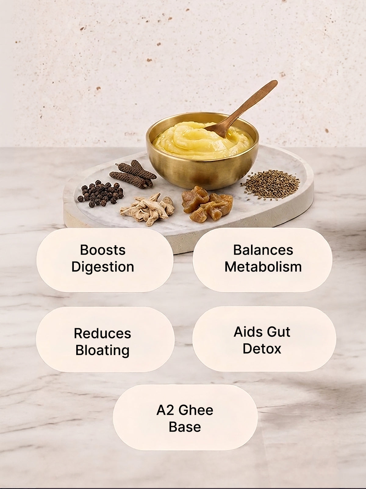 A bowl of A2 ghee with spices on a marble surface, labeled for health benefits.
