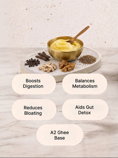 A bowl of A2 ghee with spices on a marble surface, labeled for health benefits.
