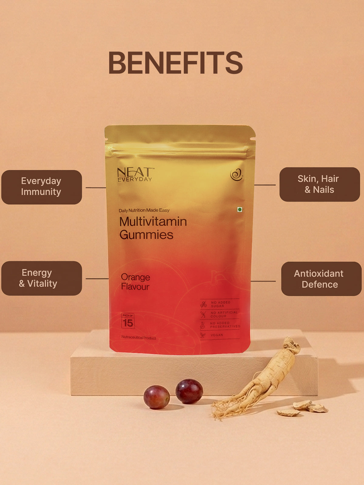 NEAT Multivitamin Gummies packaging with benefits listed on a beige background