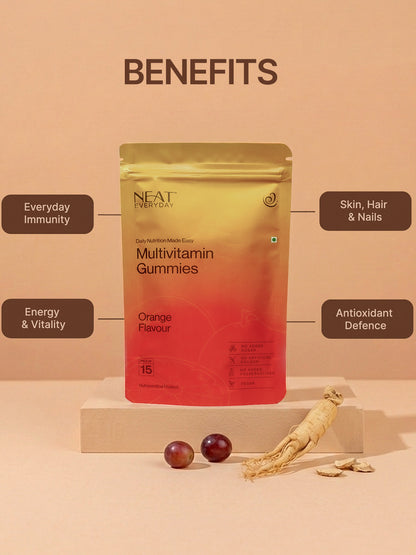 NEAT Multivitamin Gummies packaging with benefits listed on a beige background