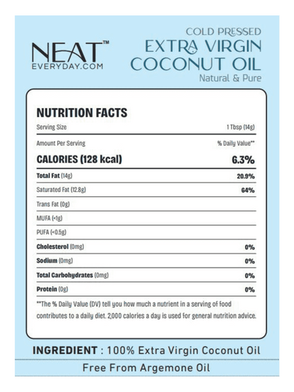 Cold Pressed Extra Virgin Coconut Oil by Neat Everyday, natural &amp; pure body oil for skin and hair care, ideal for moisturizing and wellness.