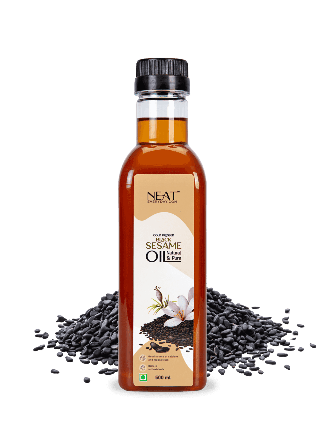 Cold-pressed black sesame oil 500ml bottle by Neat Everyday, placed with raw black sesame seeds. Ideal for cooking, skincare, and wellness use.