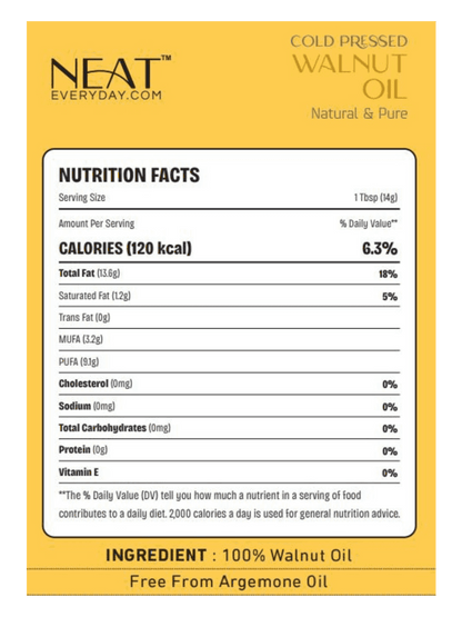 Cold-Pressed Walnut Oil 100ml bottle by Neat Everyday with walnuts, ideal for hair, skin, and wellness support. 100% pure and natural cooking oil.