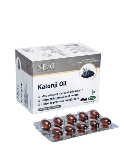 Buy Neat Kalonji Oil Soft Gel – Boost Memory, Weight Loss, and Promote Healthy Skin &amp; Hair; 500mg herbal supplement in blister pack for joint, skin, and hair health.