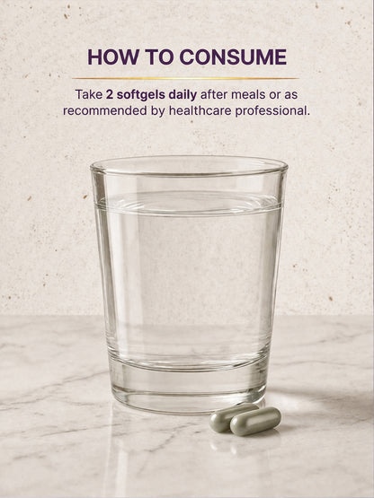 Glass of water with two softgels on a marble surface, with text on how to consume.