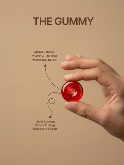 Hand holding a red gummy with nutritional information on a beige background