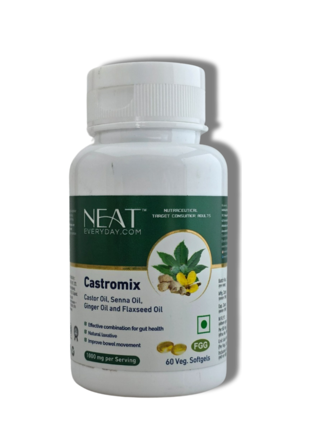 Castromix Softgel Capsules bottle with 1000mg dosage, featuring Castor, Senna, Ginger, and Flaxseed Oils for digestive support.