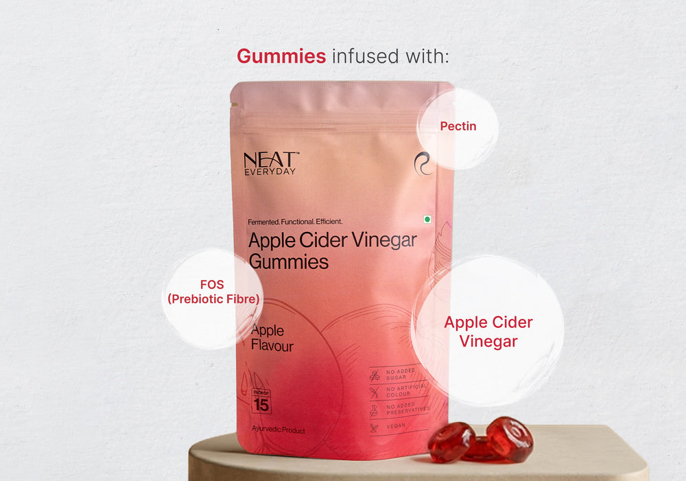 NEAT Everyday Apple Cider Vinegar Gummies packaging with gummies on a white background