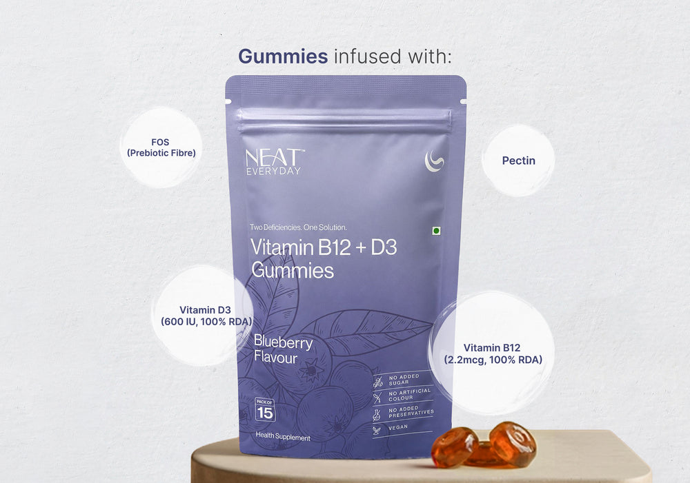 Vitamin B12 + D3 gummies package with blueberry flavor on a white background
