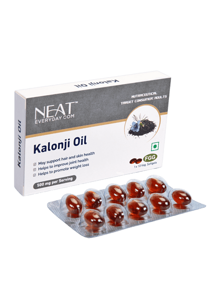 Buy Neat Kalonji Oil Soft Gel – Boost Memory, Weight Loss, and Promote Healthy Skin &amp; Hair; 500mg herbal supplement in jar pack for joint, skin, and hair health.